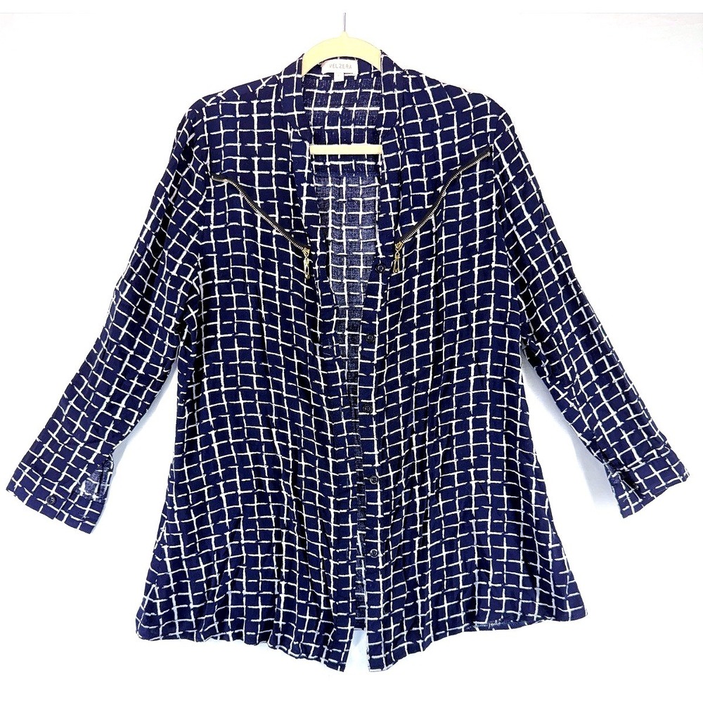 Womens Navy Geometric Windowpane Zip Trim Blouse L Boho Swing Contemporary Artsy